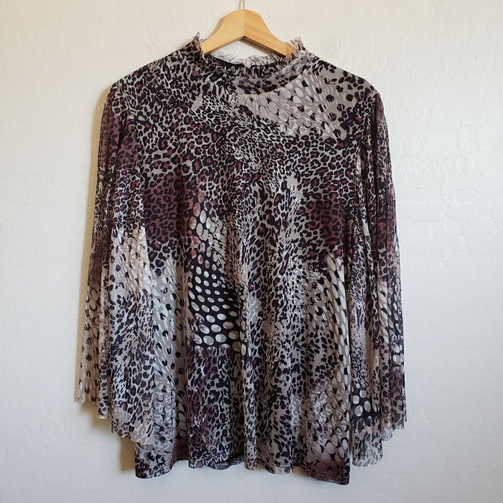 Chico's Cheetah & Snake Print Mesh Top Blouse Sheer Bell Sleeves Size Women's XL